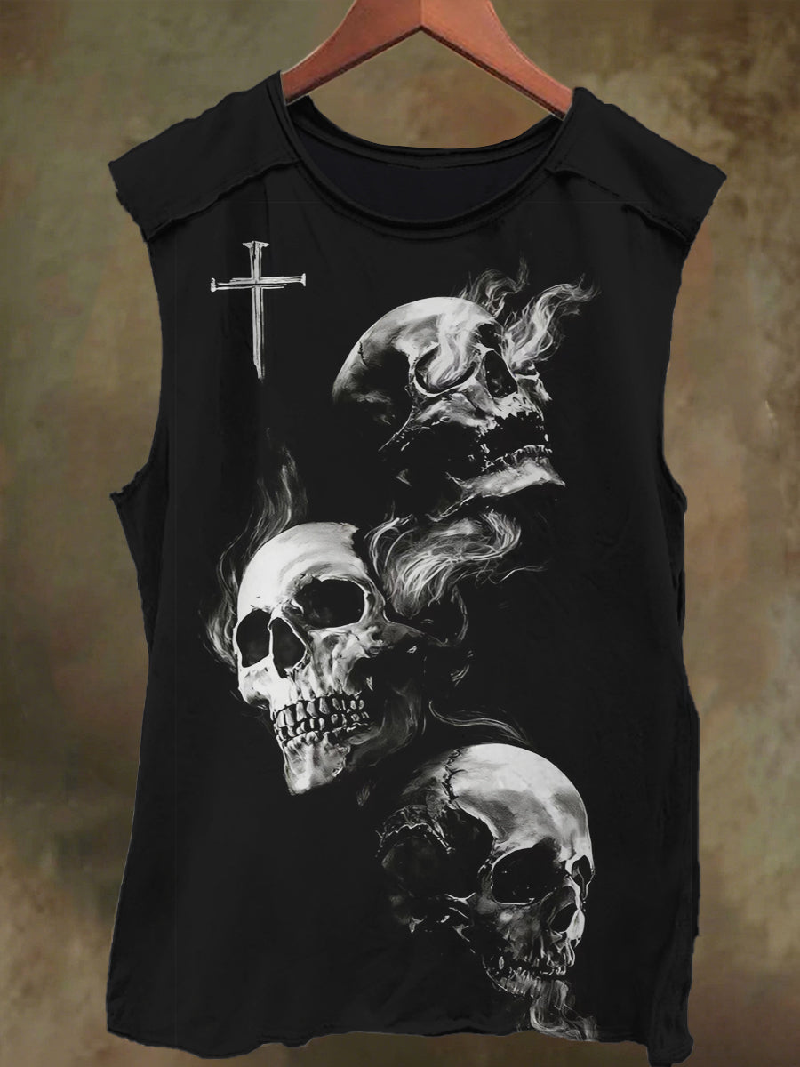 Unisex Cross Smoke Skull Print Casual Cotton Tank Top
