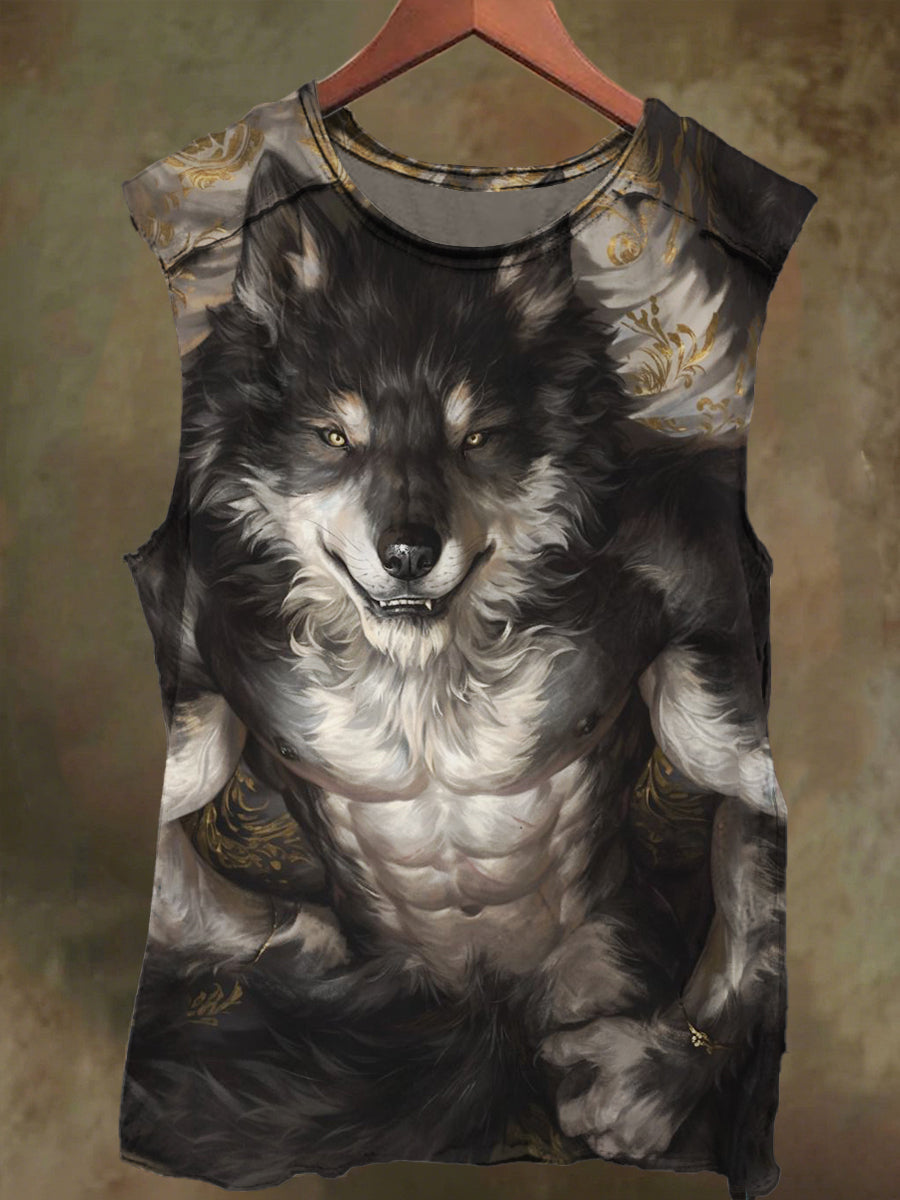 Unisex Muscle Wolf Print Casual Cotton Tank Top