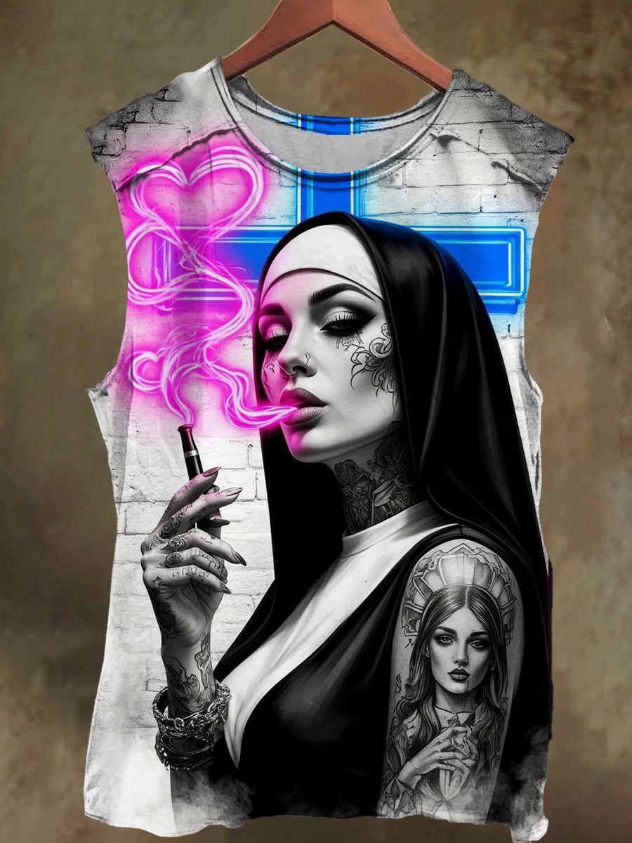 Unisex Gothic Smoking Nun Print Casual Cotton Tank Top