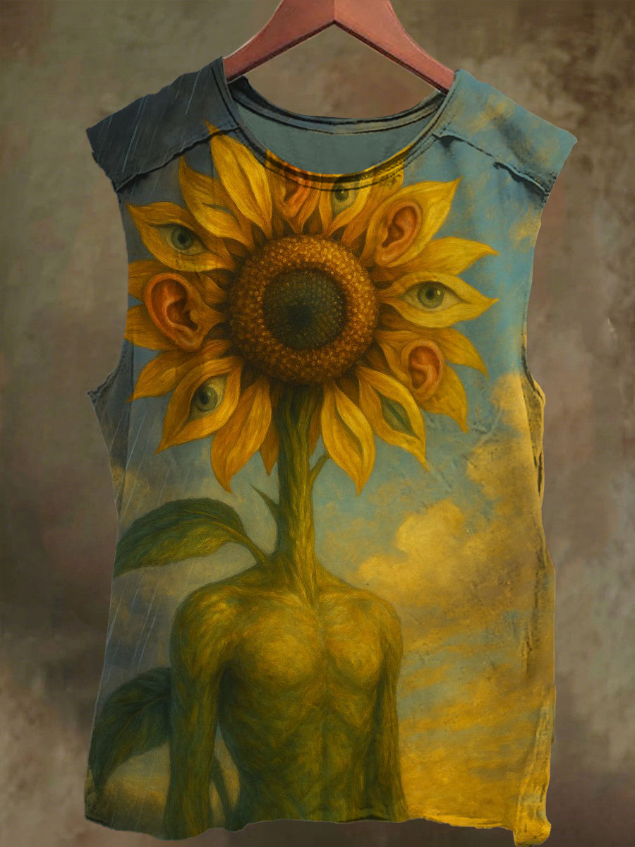 Unisex Sunflower Abstract Eye Print Casual Cotton Tank Top