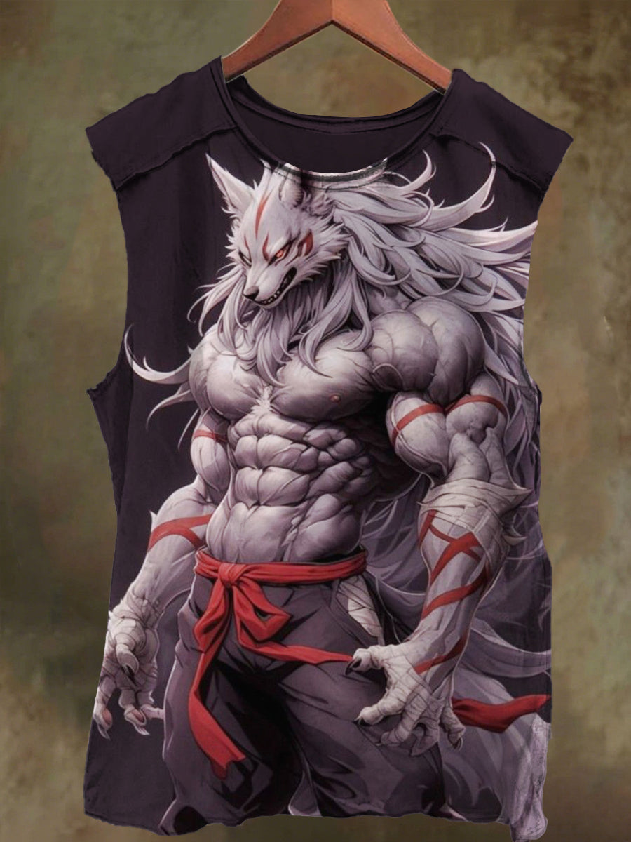 Unisex Muscle White Tiger Warrior Print Casual Cotton Tank Top