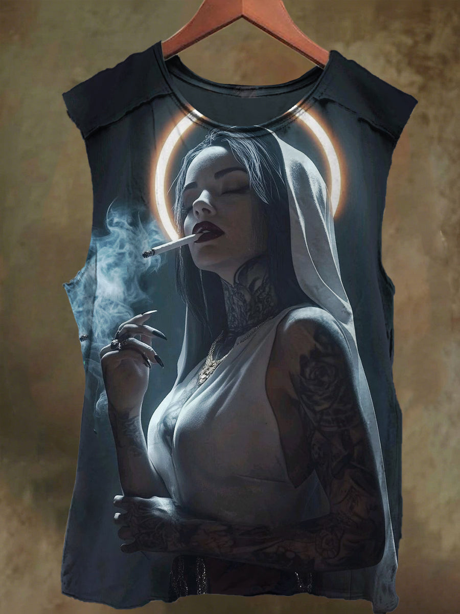 Unisex Smoking Halo Nun Print Casual Cotton Tank Top