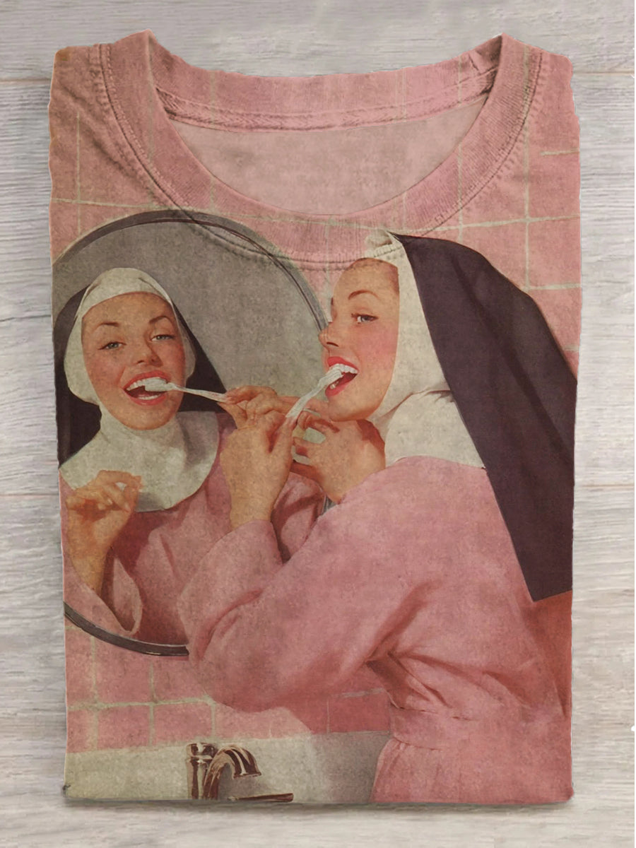 Nun's Morning Printed Crew Neck Short Sleeve T-Shirt