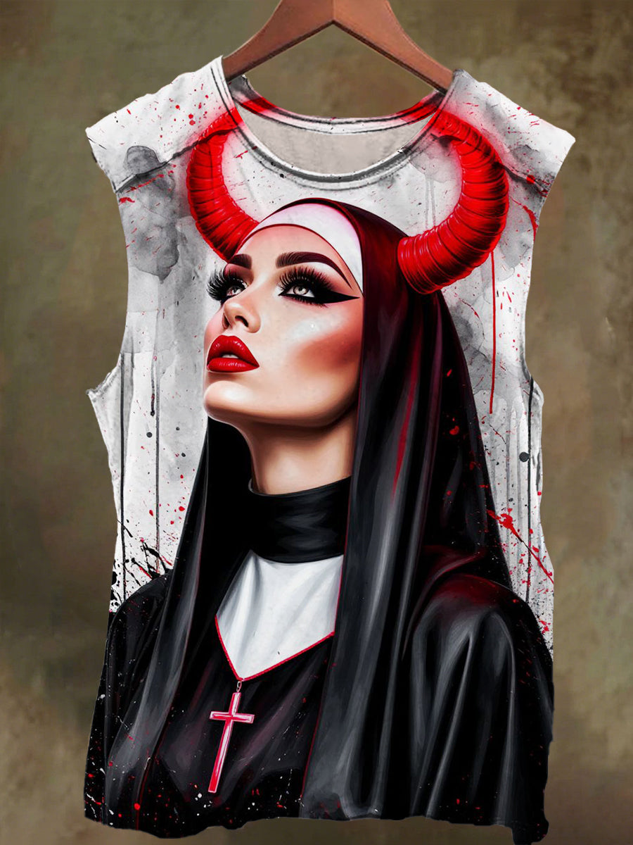 Unisex Nun Cross Devil Print Casual Cotton Tank Top