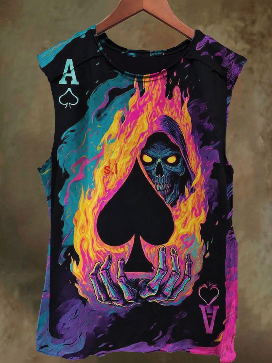 Unisex Peach Heart Skull Poker Print Casual Cotton Tank Top