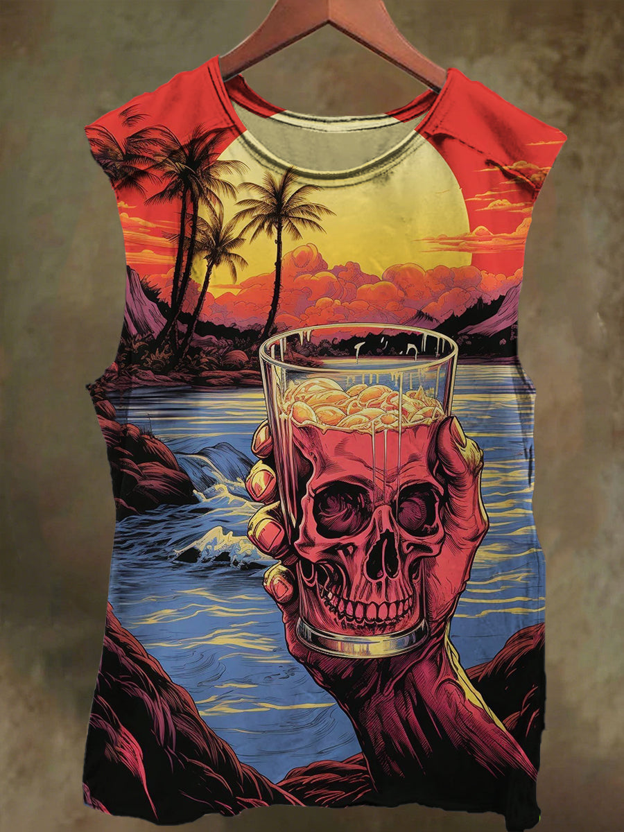 Unisex Sunset Skull Wine Glass Print Casual Cotton Tank Top