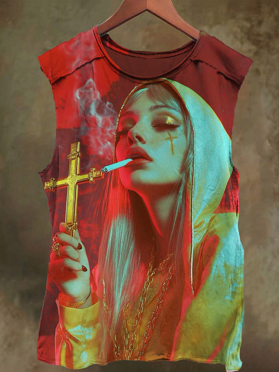 Unisex Cross Gothic Smoking Nun Print Casual Cotton Tank Top