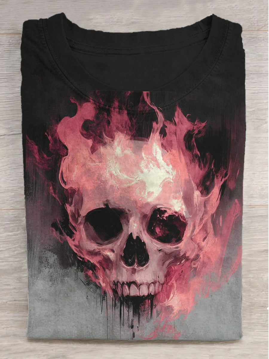 Flaming Skull Print Round Neck Short Sleeve T-Shirt