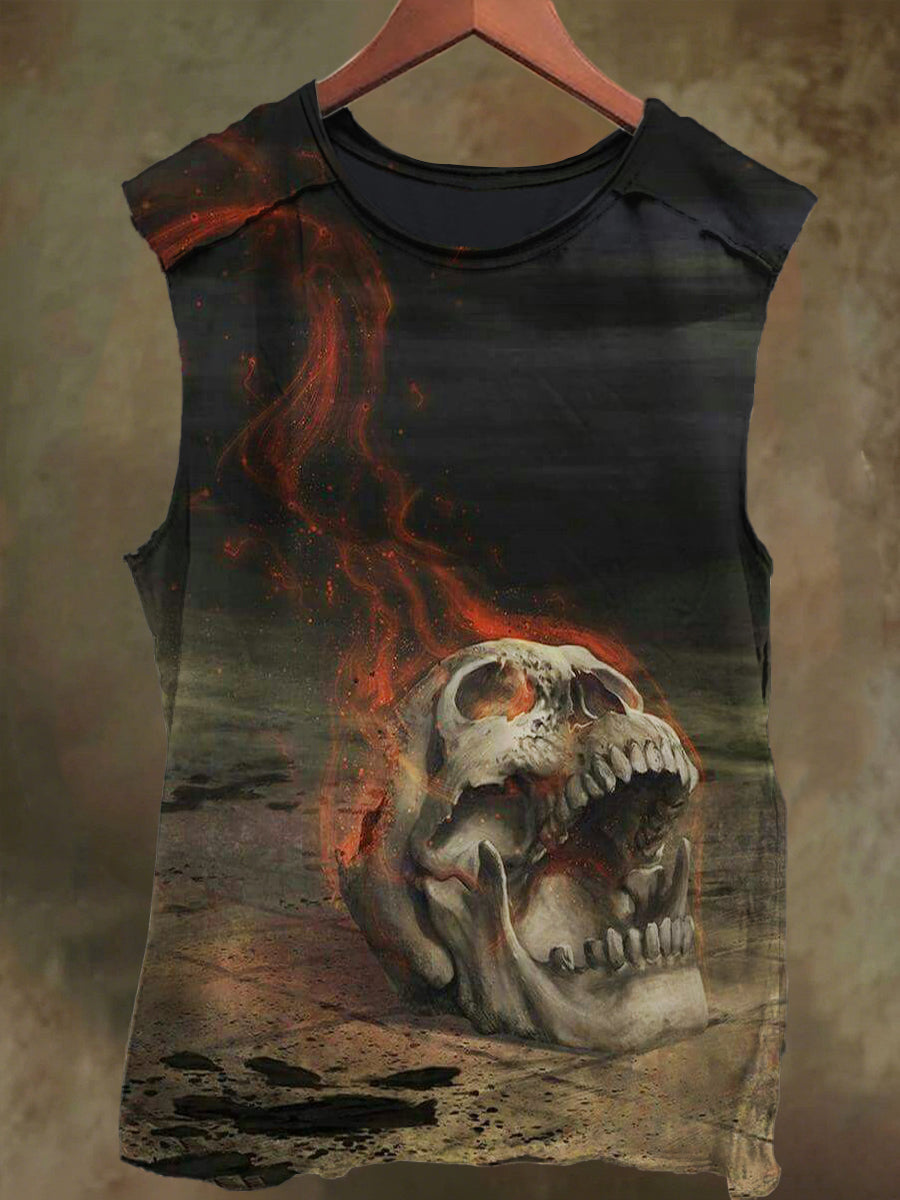 Unisex Checkerboard Flame Skull Print Casual Cotton Tank Top