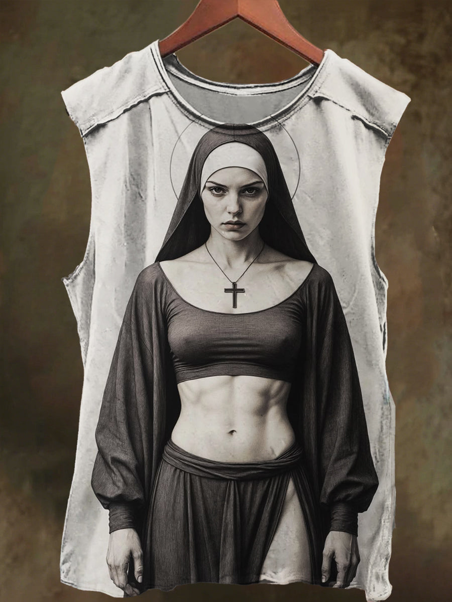 Unisex Muscle Nun Print Casual Cotton Tank Top
