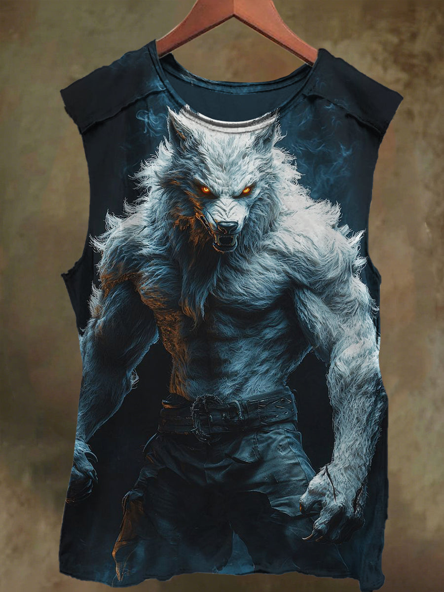 Unisex White Wolf Muscle Warrior Print Casual Cotton Tank Top