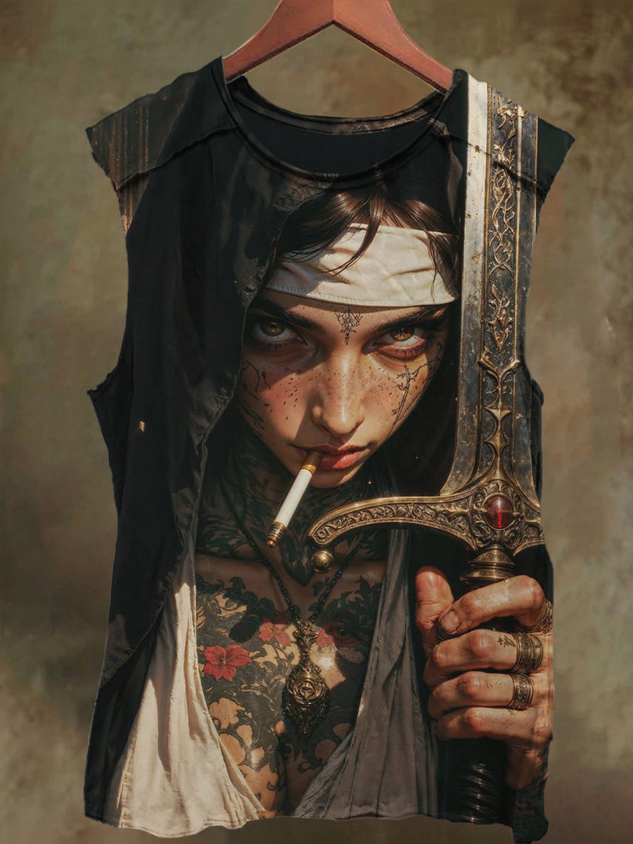 Unisex Tattoo Battle Nun Print Casual Cotton Tank Top