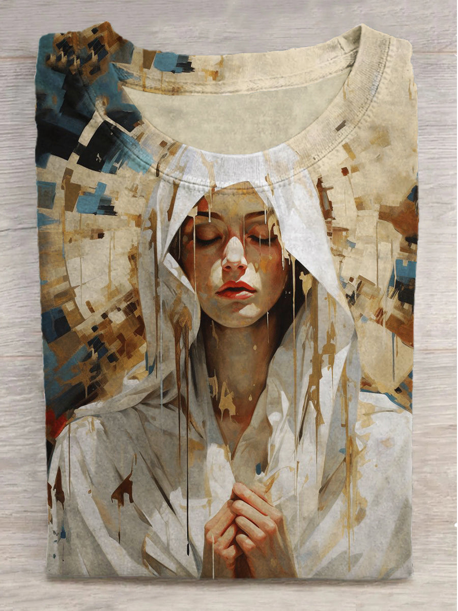 Virgin Mary Printed Round Neck Short Sleeve T-Shirt