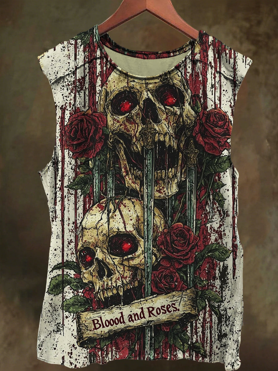 Unisex Skull Blood Rose Print Casual Cotton Tank Top