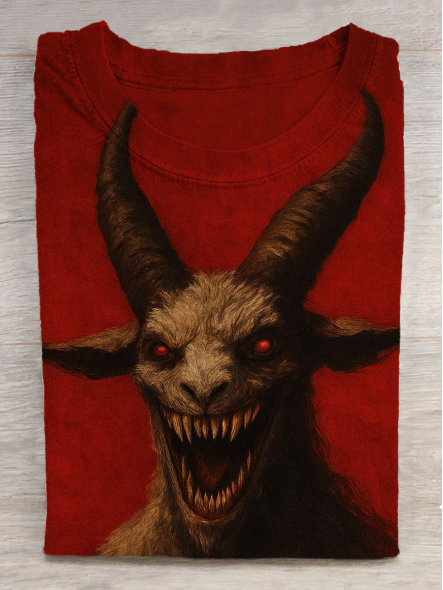 Dark Horror Goat Print Round Neck Short Sleeve T-Shirt