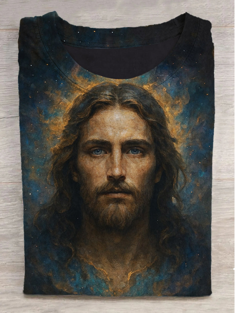 Starry Jesus Printed Crew Neck Short Sleeve T-Shirt