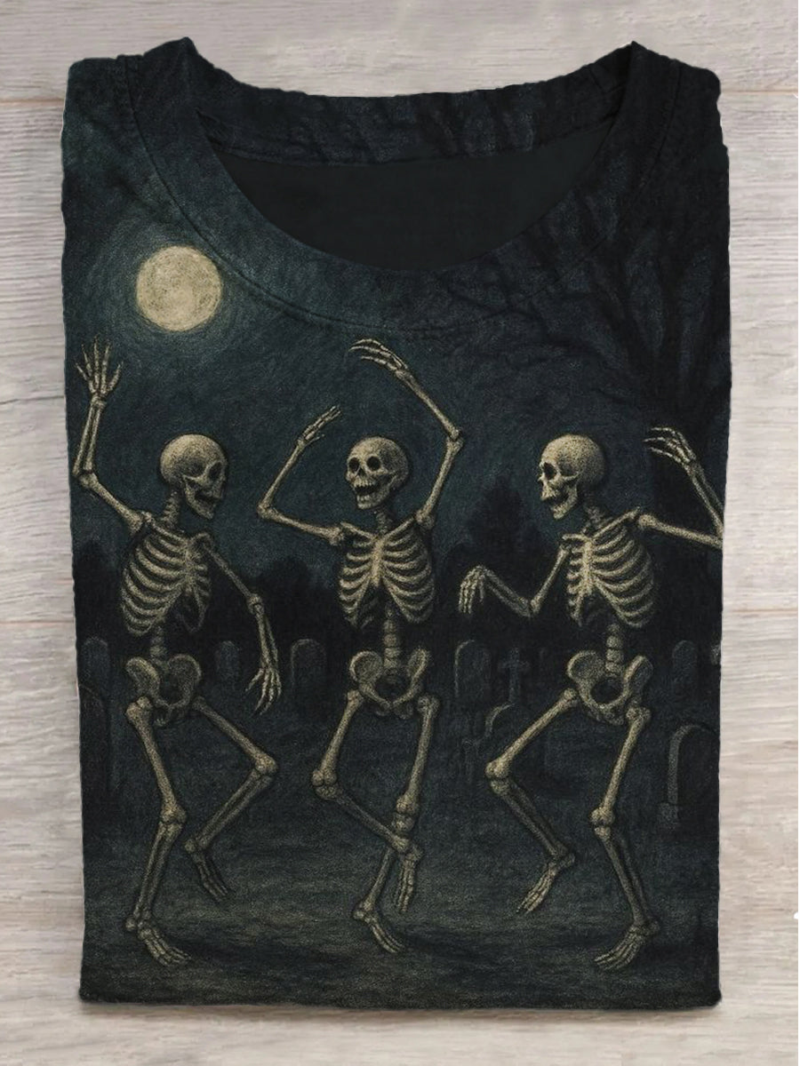 Tomb Side Skull Dance Print Round Neck Short Sleeve T-Shirt