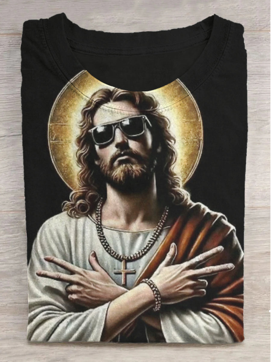 Sunglasses Hip Hop Jesus Print Round Neck Short Sleeve T-Shirt