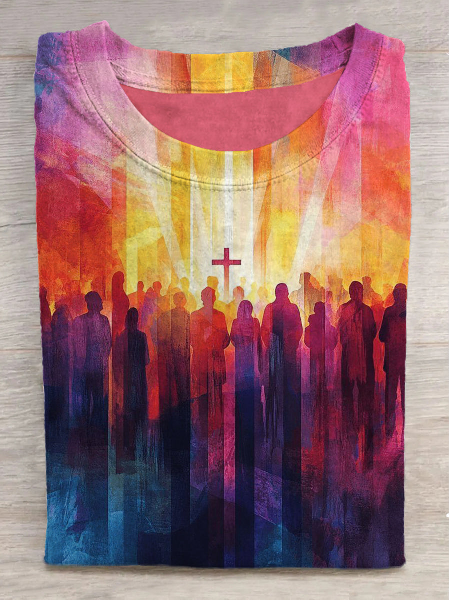 Cross Color Crowd Faith Printed Round Neck Short Sleeve T-Shirt