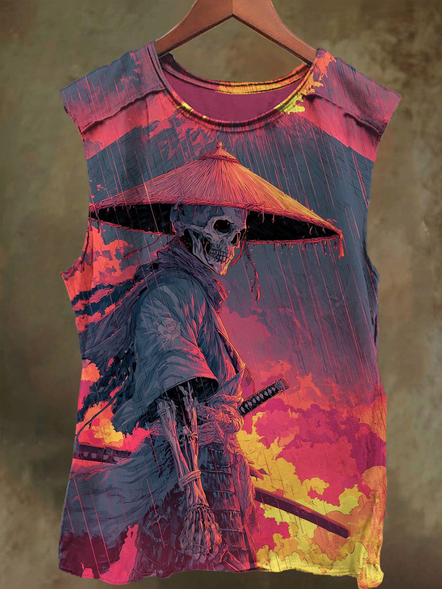 Unisex Straw Hat Skull Rogue Print Casual Cotton Tank Top