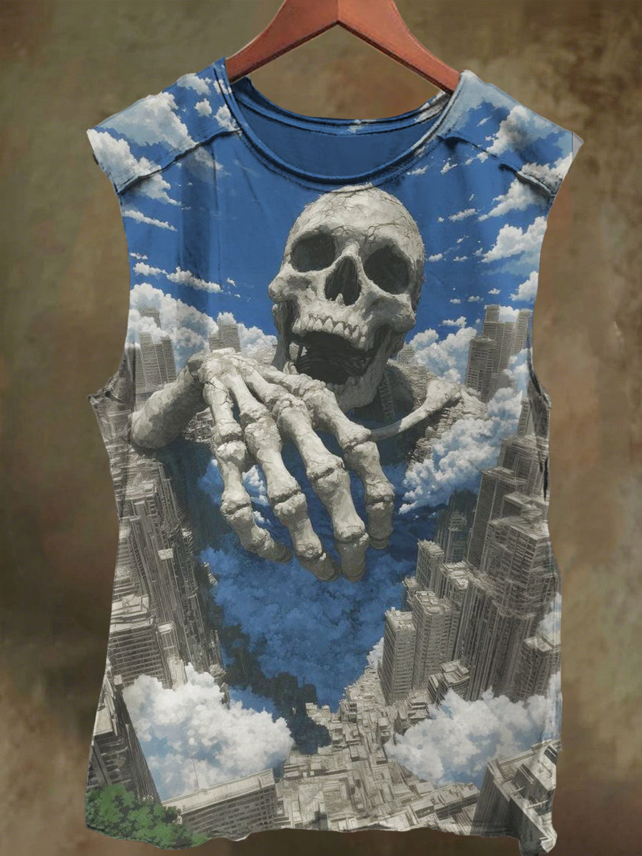 Unisex Skull Mansion Print Casual Cotton Tank Top