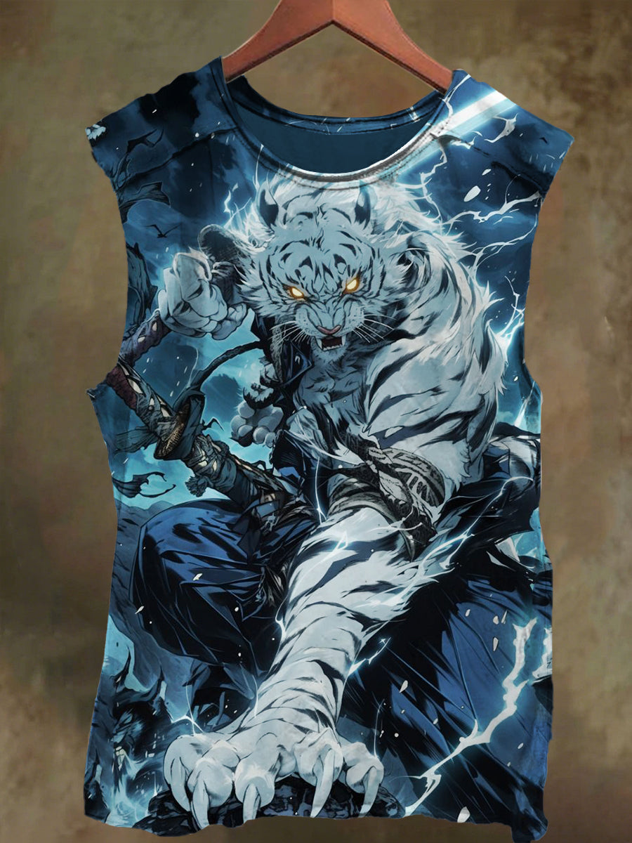 Unisex White Tiger Warrior Print Casual Cotton Tank Top