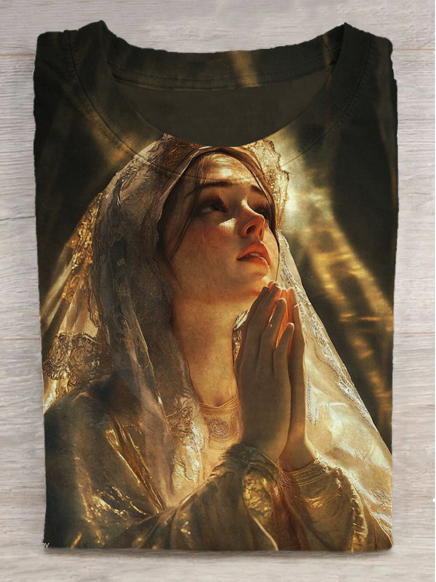 Virgin's Prayer Faith Print Round Neck Short Sleeve T-Shirt