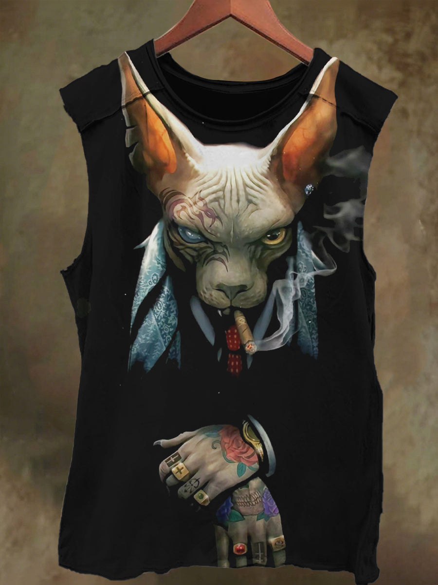 Unisex Smoking Tattoo Dog Print Casual Cotton Tank Top