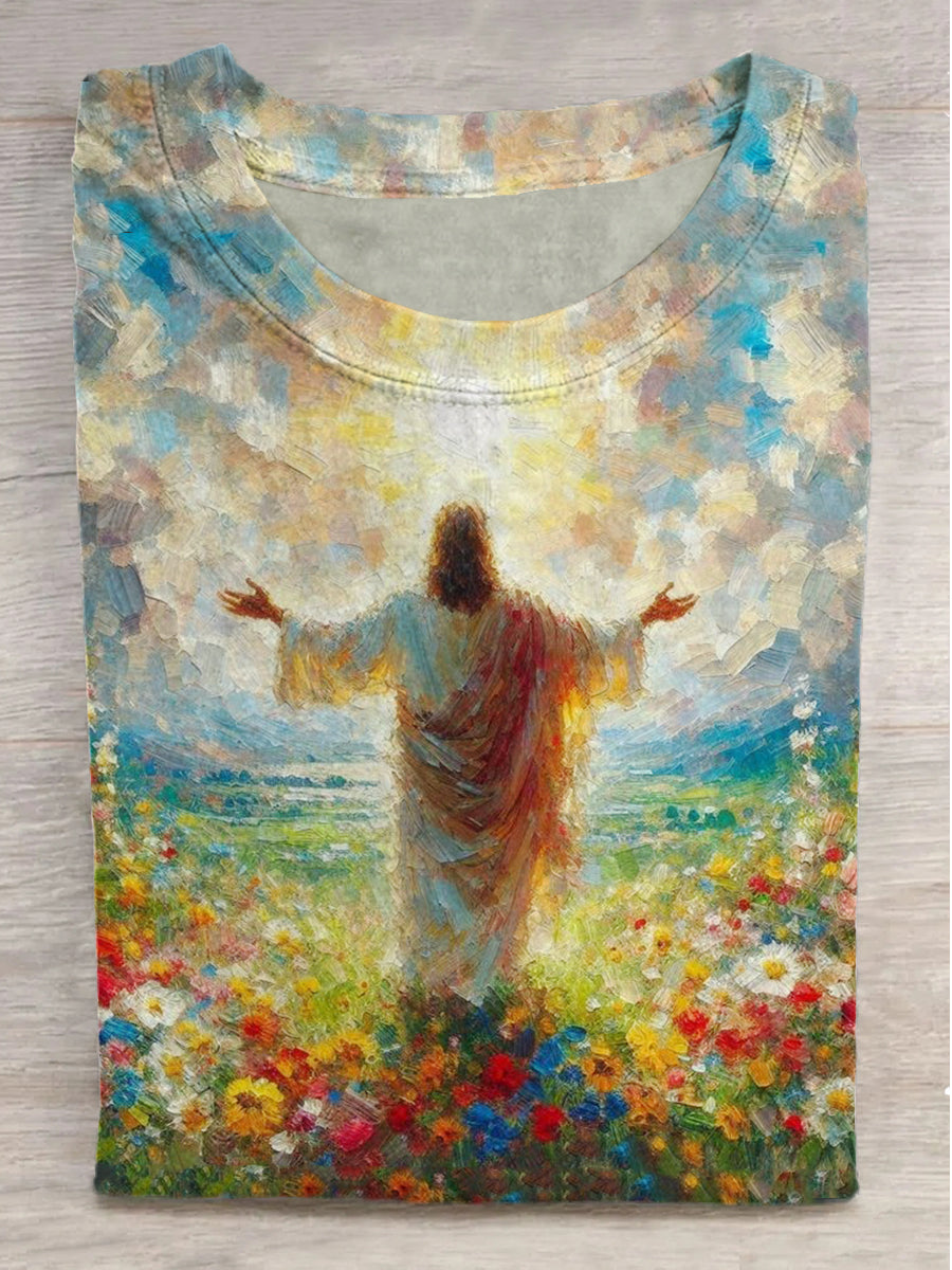 Jesus in the Light Printed Crew Neck Short Sleeve T-Shirt