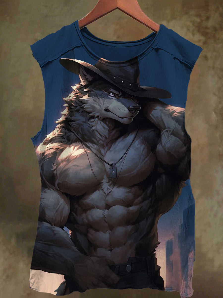 Unisex Muscle Wolf Teen Print Casual Cotton Tank Top