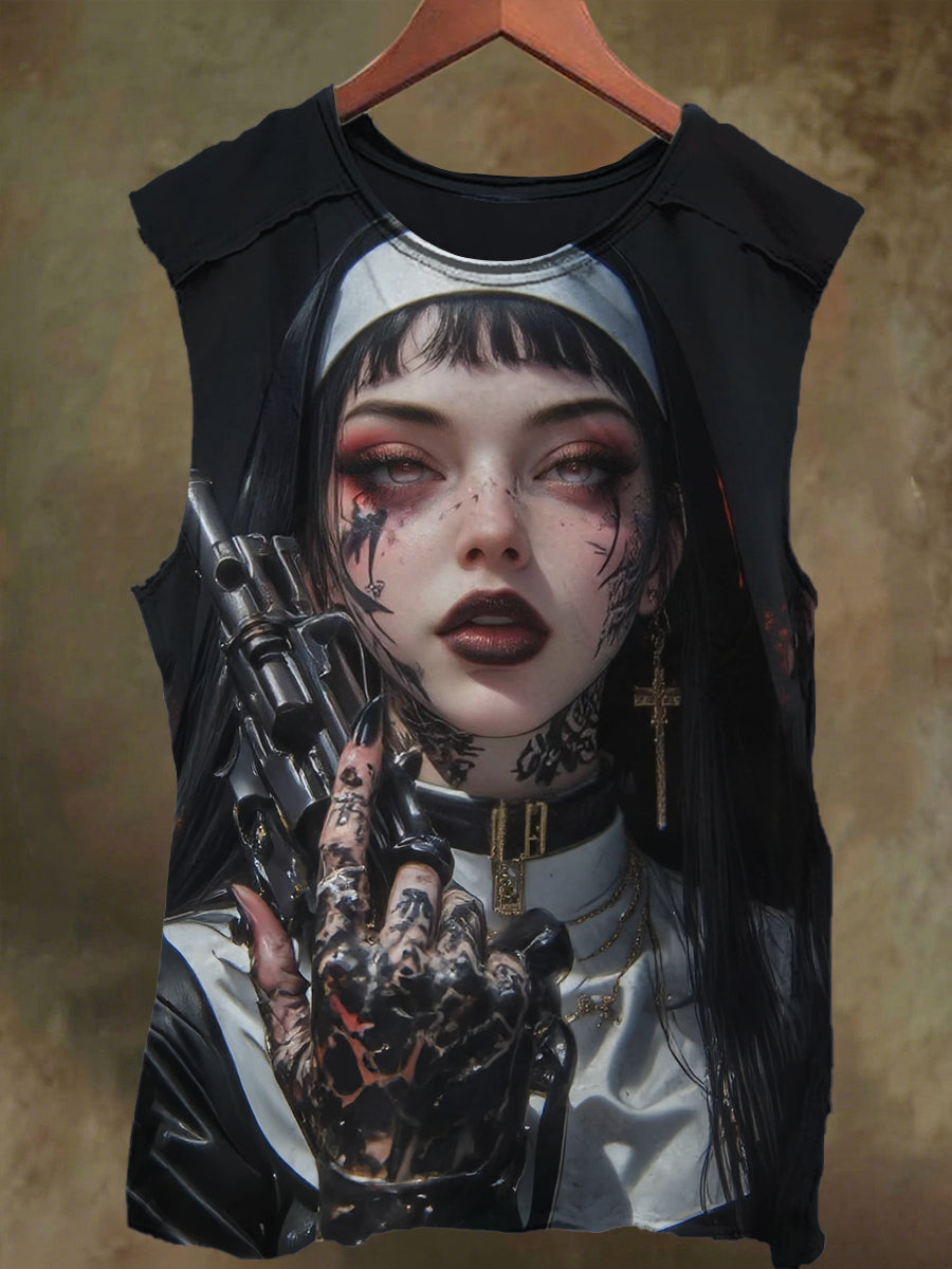 Unisex Nun Gun Print Casual Cotton Tank Top