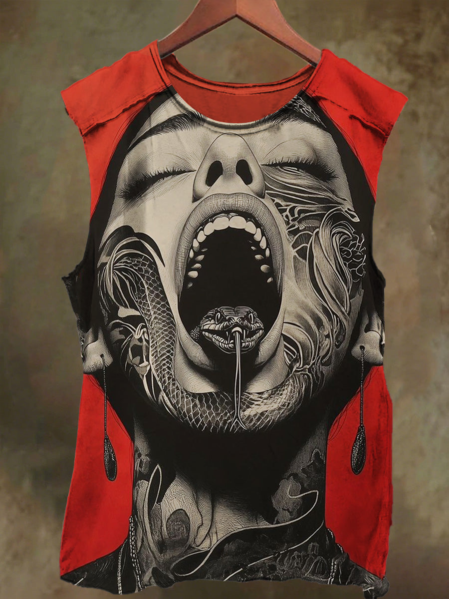 Unisex Woman and Snake Print Casual Cotton Tank Top