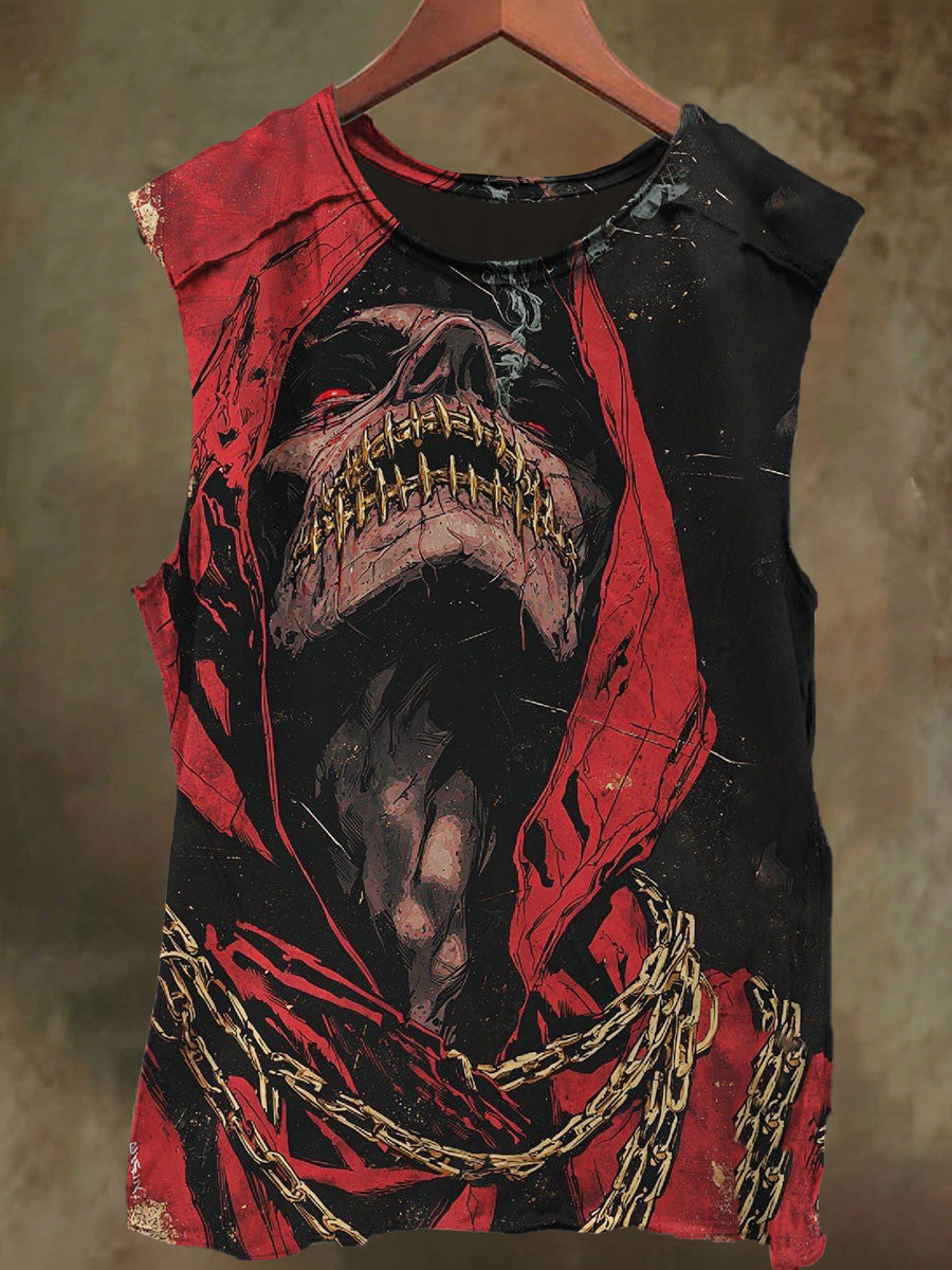 Unisex Dark Red Skull Print Casual Cotton Tank Top