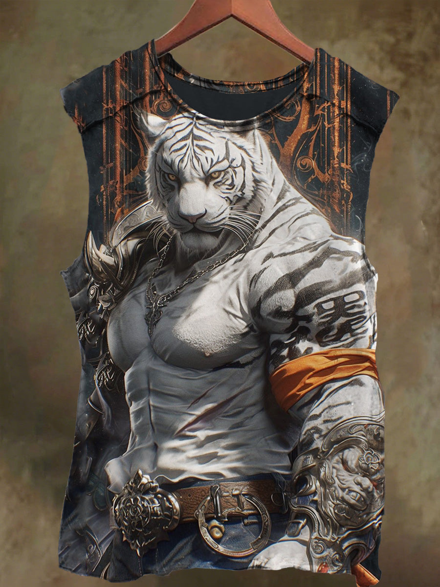 Unisex Muscle White Tiger Orc Print Casual Cotton Tank Top