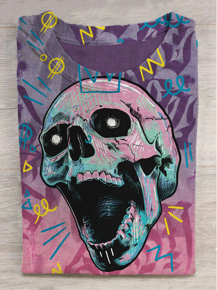 Colorful Graffiti Skull Print Casual Short Sleeve T-Shirt