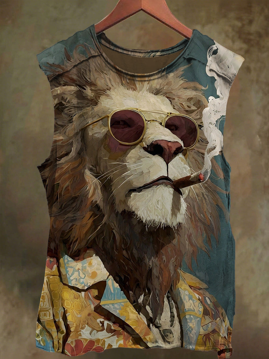 Unisex Smoking Lion Print Casual Cotton Tank Top