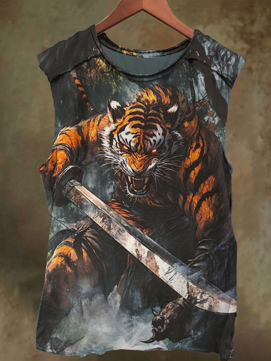 Unisex Tiger Warrior Print Casual Cotton Tank Top