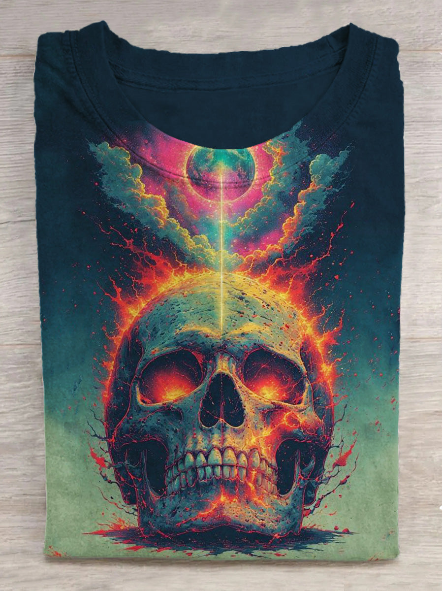 Skull Colorful Graffiti Sky Print Round Neck Short Sleeve T-Shirt
