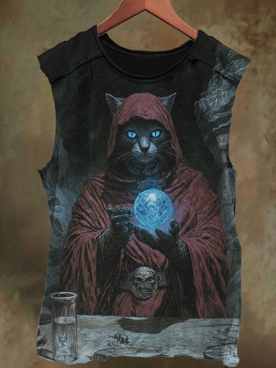 Unisex Wizard Black Cat Print Casual Cotton Tank Top