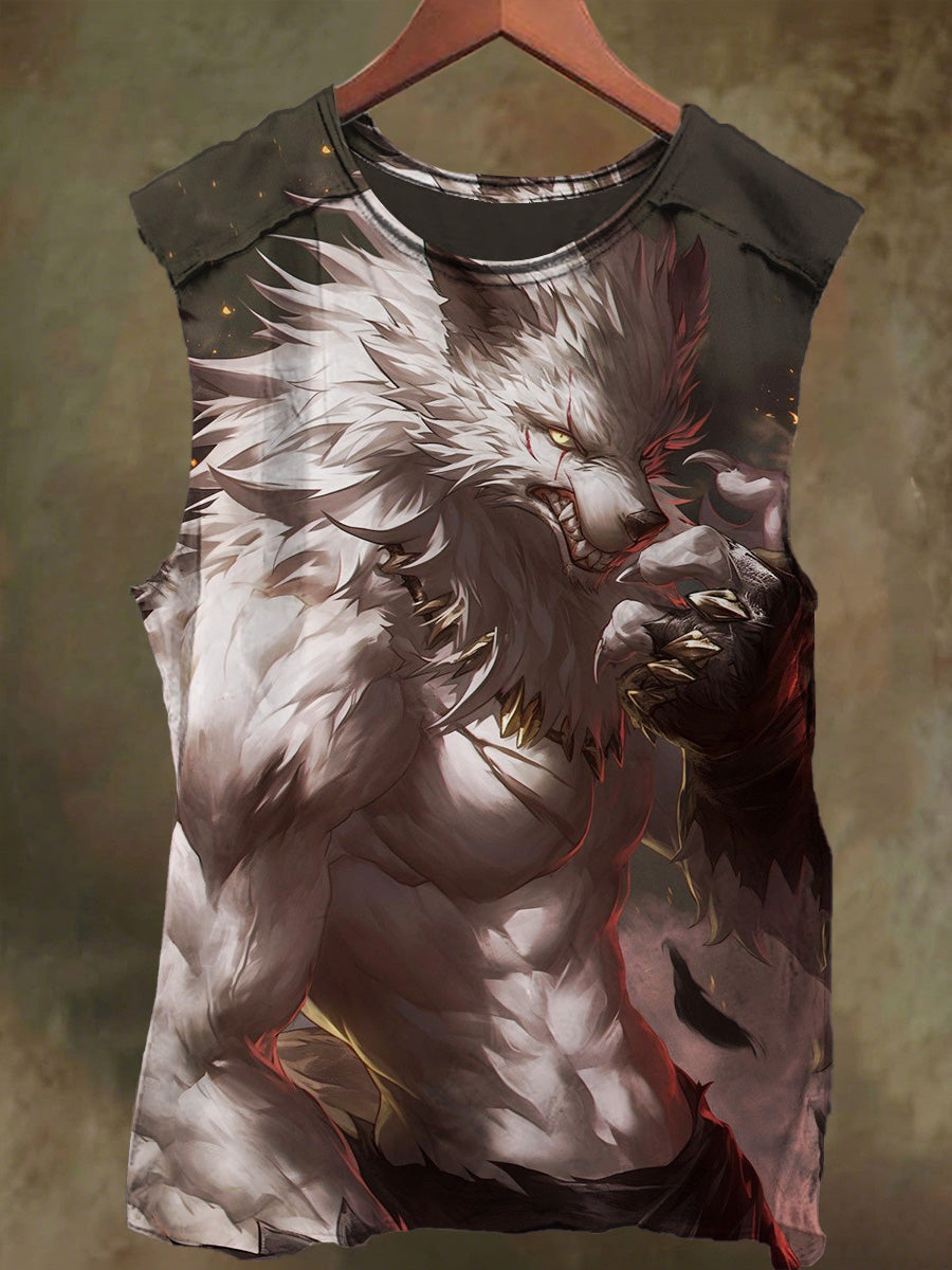 Unisex Muscle White Wolf Print Casual Cotton Tank Top