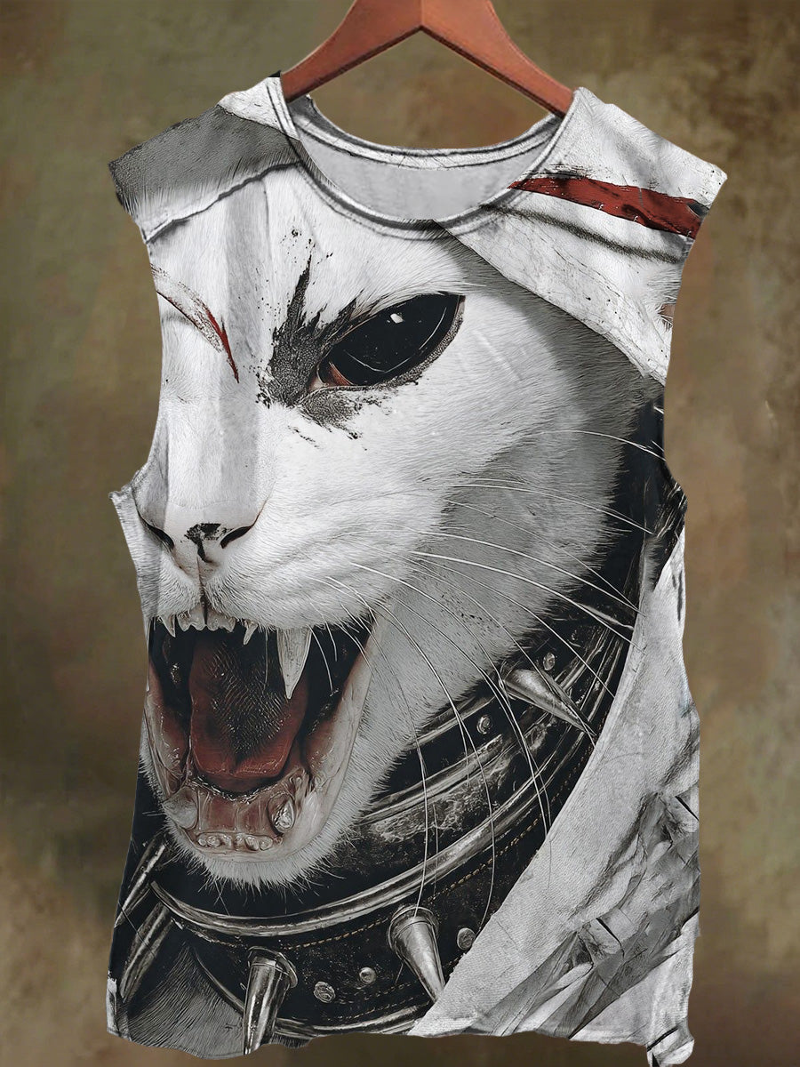 Unisex White Cat Print Casual Cotton Tank Top
