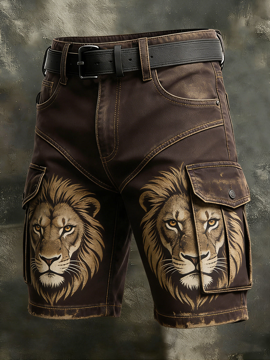 Men's Retro Vacation Business Art Lion Animal Print Casual Shorts