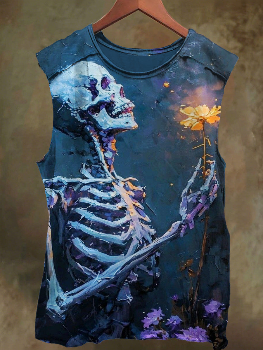 Neutral-Tone Floral Skull Print Casual Cotton Tank Top
