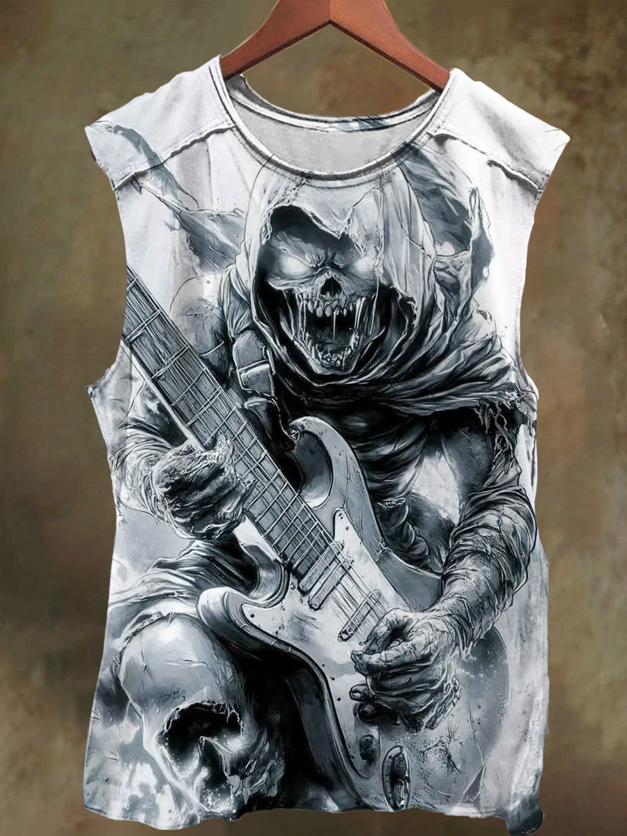 Unisex Skeleton Rock Guitar Print Casual Cotton Tank Top