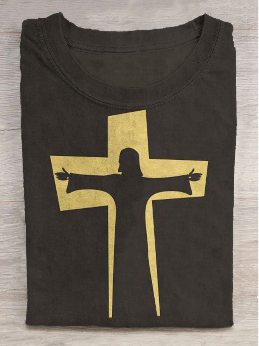 Jesus Cross Print Crew Neck Short Sleeve T-Shirt