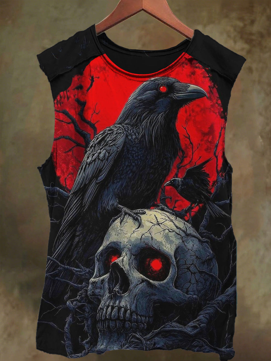 Unisex Skeleton and Raven Print Casual Cotton Tank Top