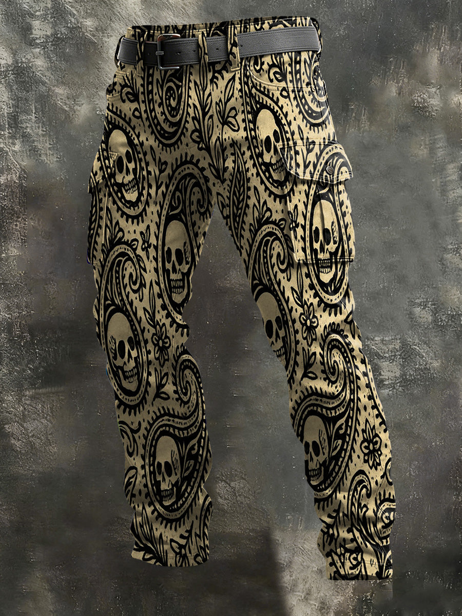 Men's Vintage-Style Waistband Skull Print Casual Trousers