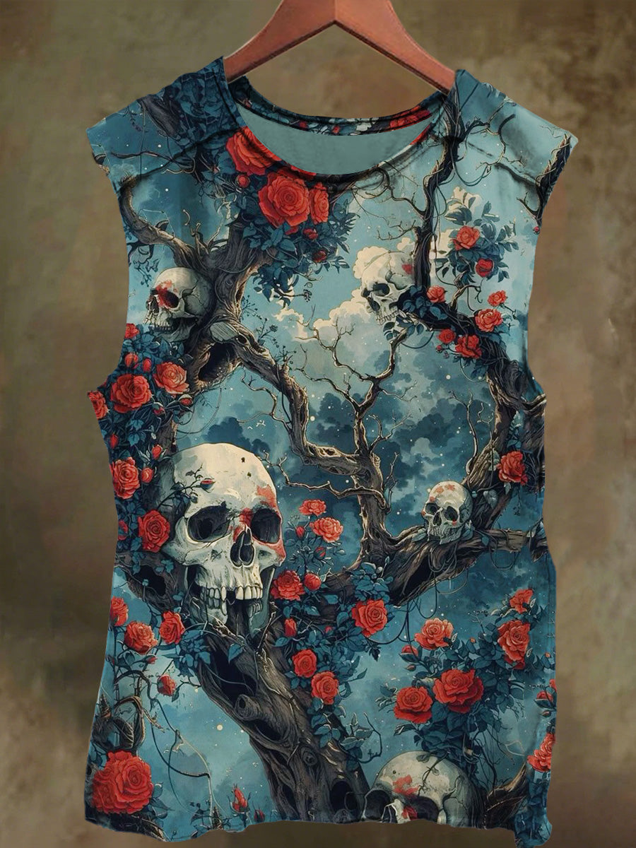 Unisex Floral Skull Print Casual Cotton Tank Top
