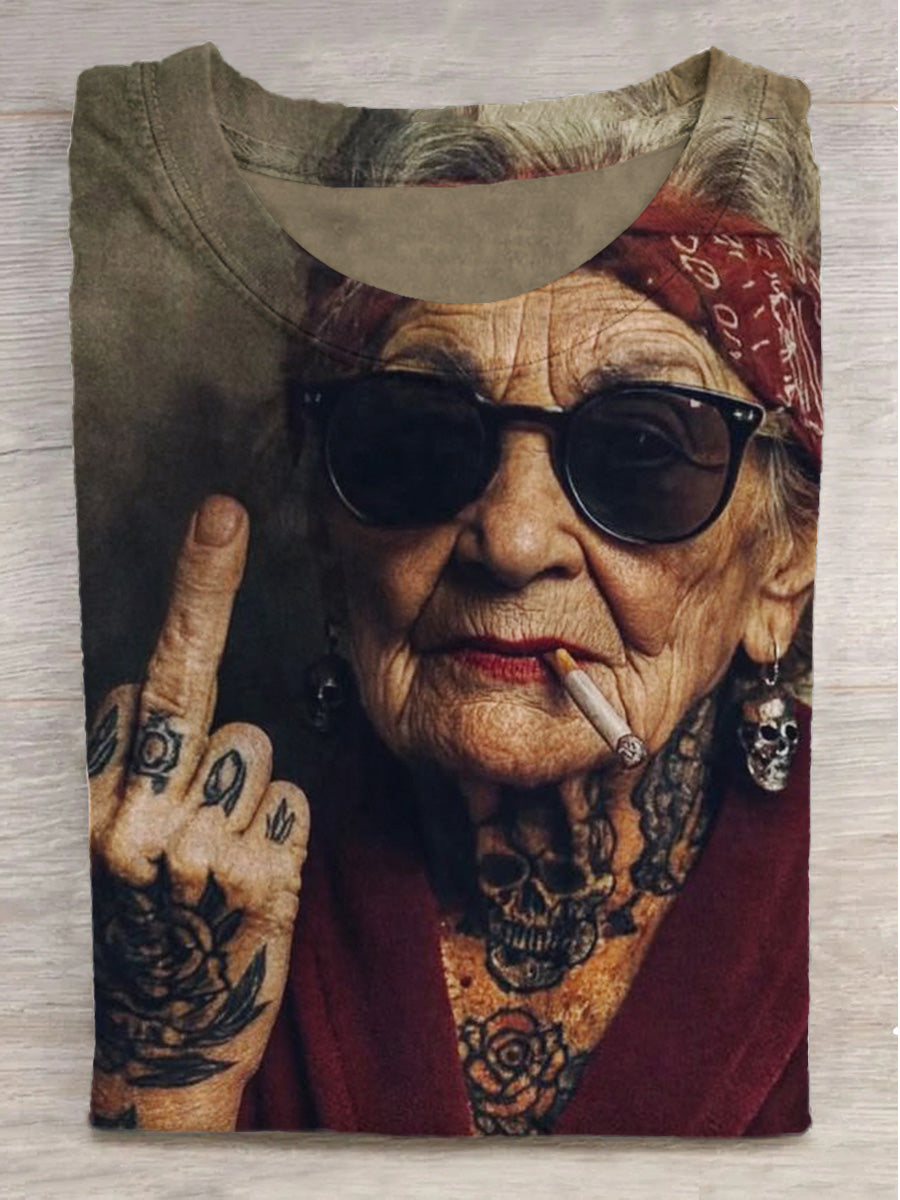 Middle Finger Granny Print Crew Neck Short Sleeve T-Shirt