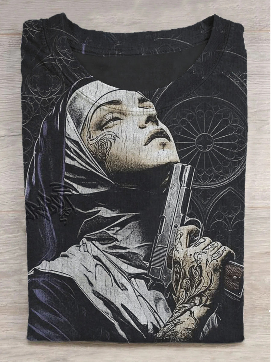 Nun and Gun Print Crew Neck Short Sleeve T-Shirt